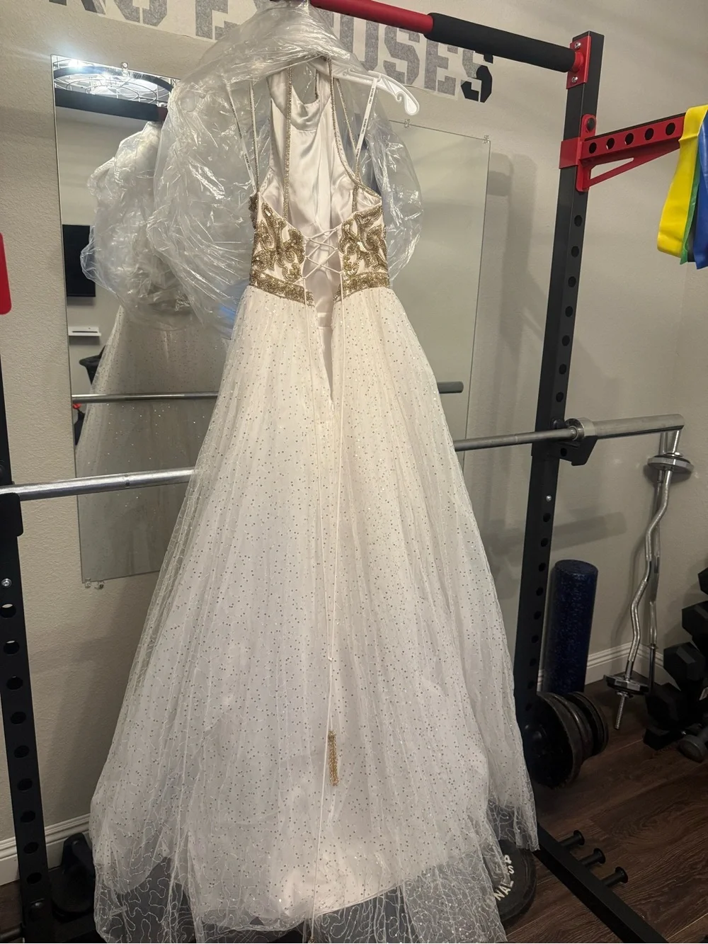 Sherri Hill White and Gold Sparkle Tulle Pageant Dress